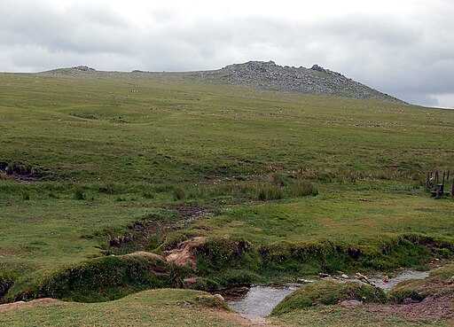 Water in foreground. Green moorlan leading up to Rough Tor Bodmin Moor Cornwall