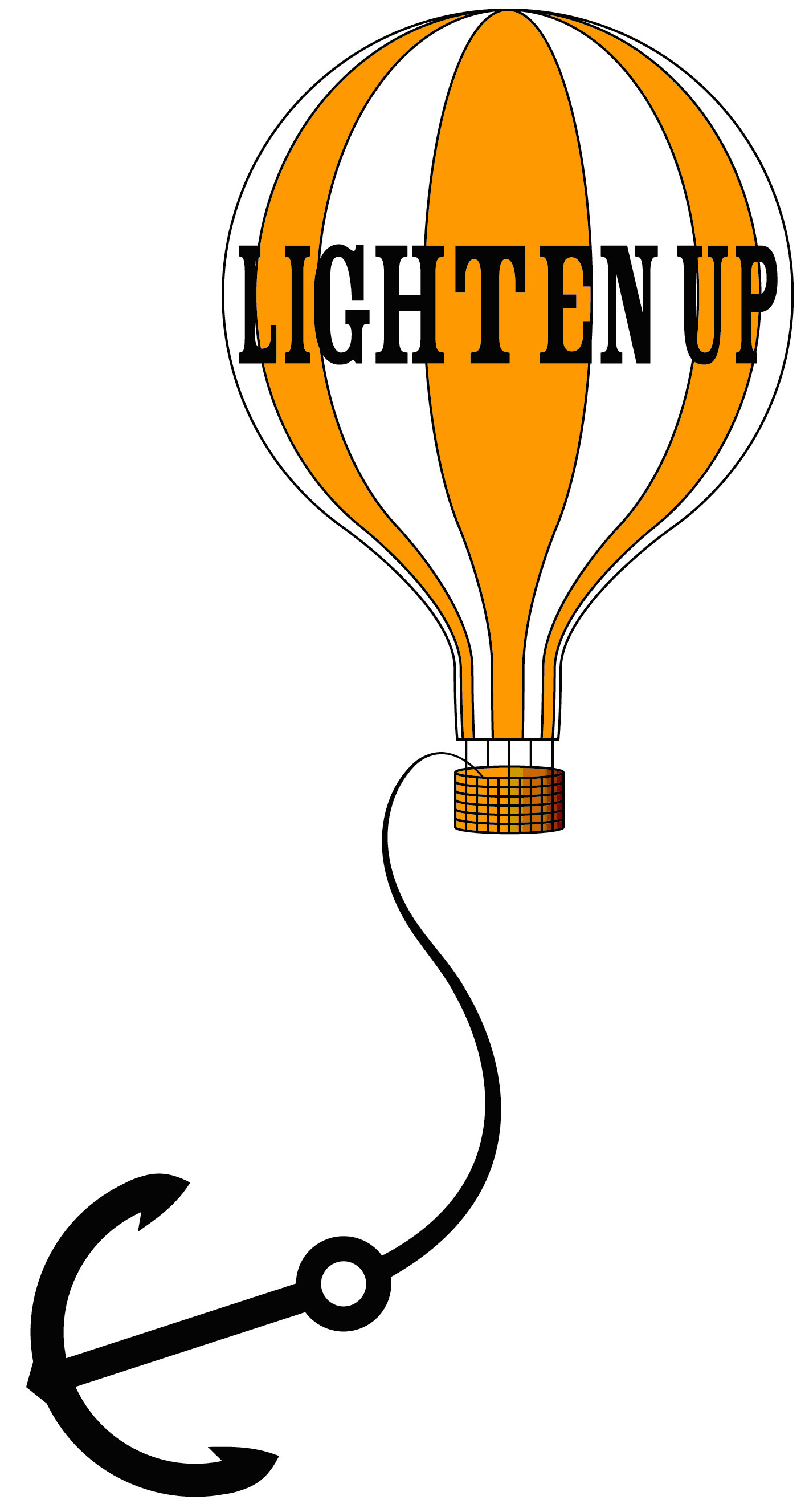 Cartoon hot air balloon in white and orange stripes, with a large anchor dangling below it