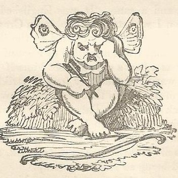 Woodcut dsign of CUpid seated full face with broken arrow