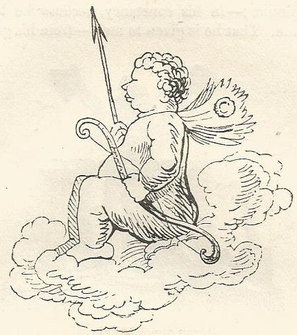 Woodcut design of Cupid seated  holding arrow facing left