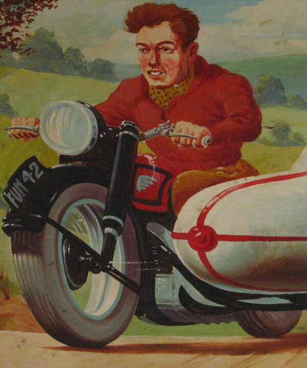 Young man on 1930s motorbike with part of side-car riding right to left