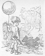 Illustration by J.H. Dowd 1925 Christopher Robin holding balloon nd popgun on left. Pooh (ark) on ground in front of him.
