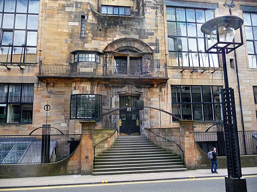 Entrance (steps, door, windows) to Glasgow School of Art