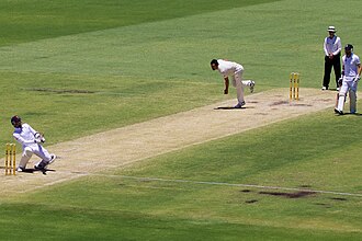 Bowler (right) bowling bouncer to batsman (left)