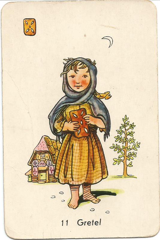 Gretel. Old children's game card Small coloured picture of Grimm's Gretel