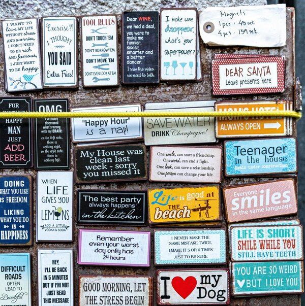 Fridge magnets. Image by Damir K. via Pexels Display of fridge magnets on blueish backgroun