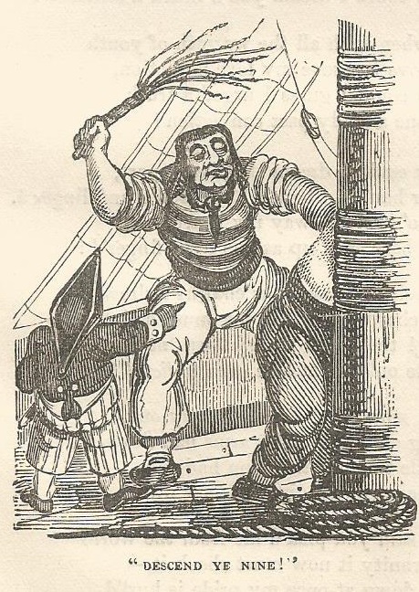 Tall boatswain wielding cat 'o nine tails, short ofice on let, back of man lashed to ast on right