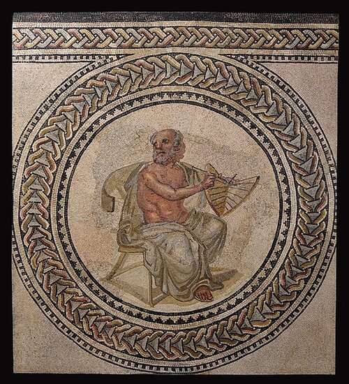 Mosaic of Anaximander holding a sundial