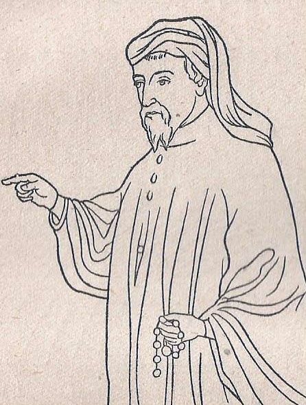 Outline drawing of the poet Chaucer pointing